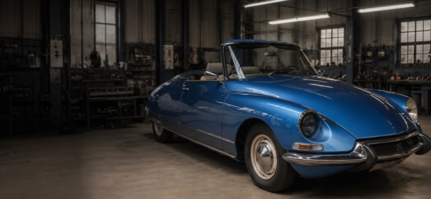 Klasyczny niebieski Citroën DS Cabriolet w warsztacie